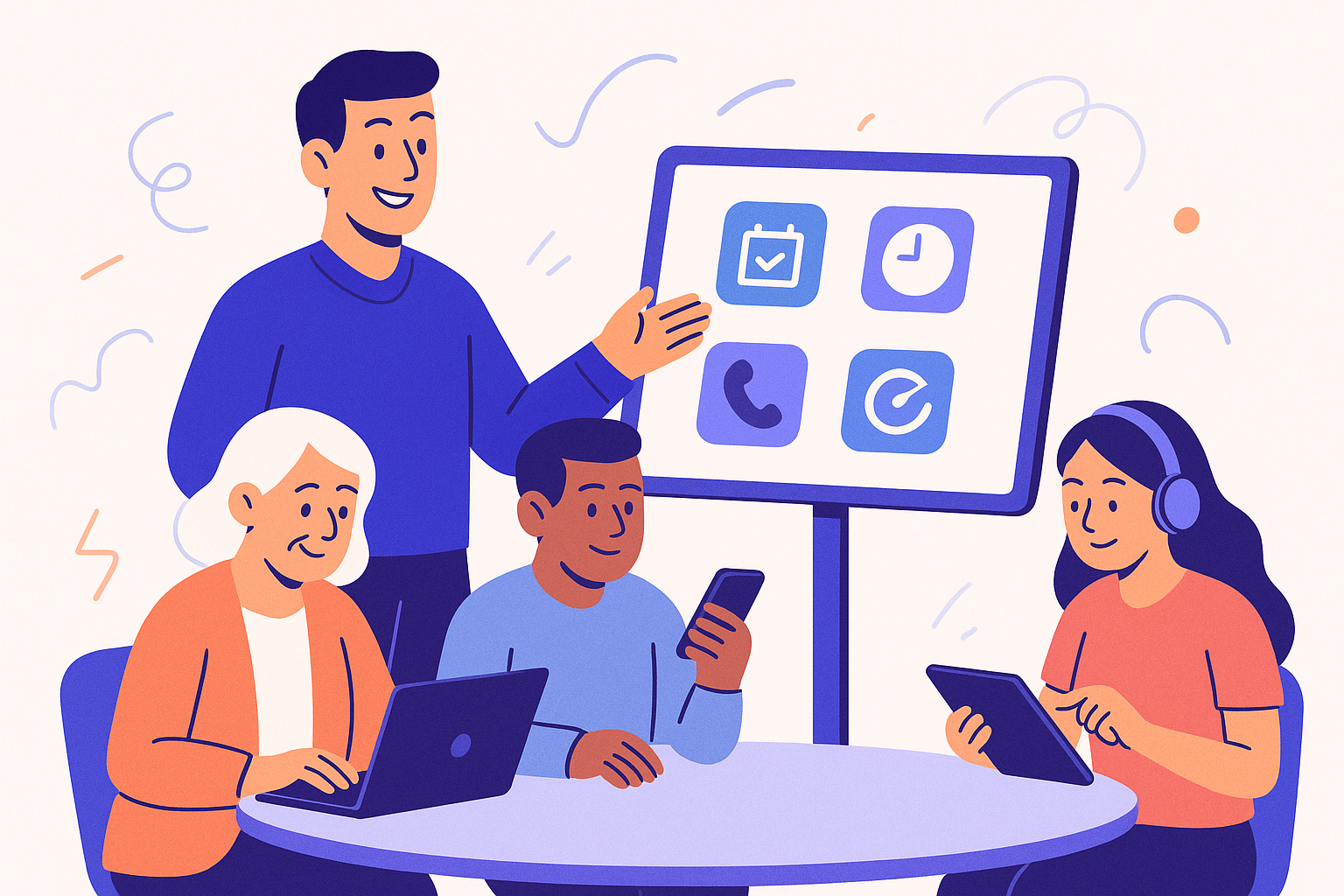 Friendly teaching illustration showing a teacher helping students with technology